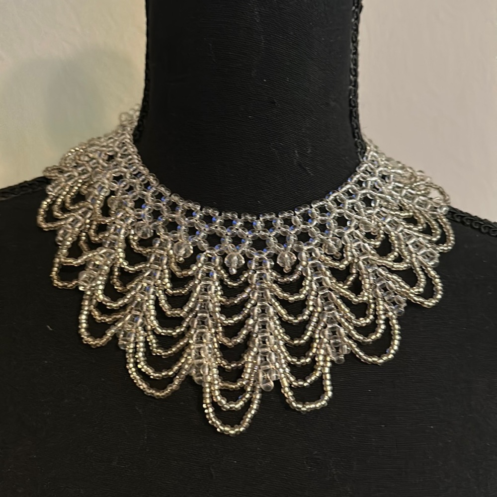 Women Clear and Silver Bib Collar Style Necklace